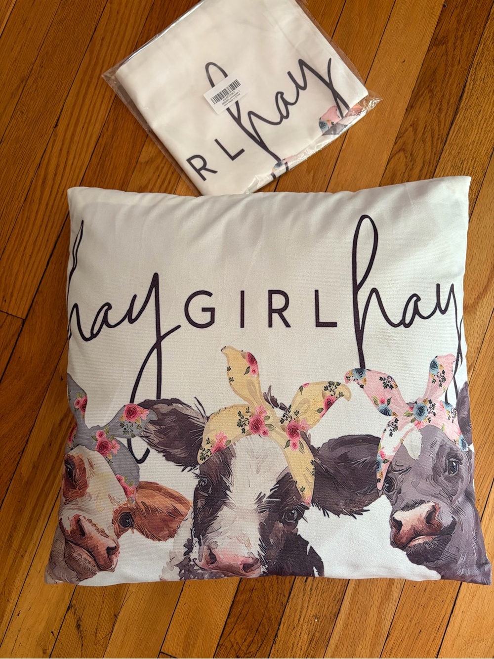 NEW Hay Girl Hay Decorative Cow Throw Pillow Case zipper White Pink Floral